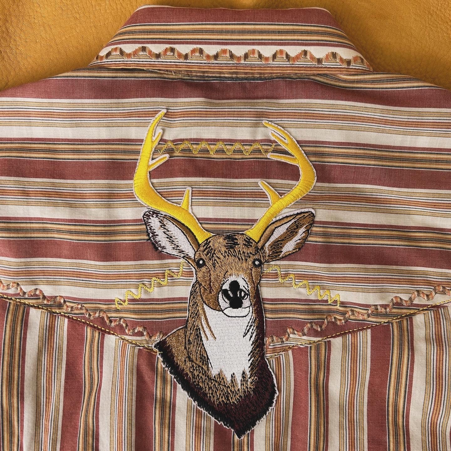 staring deer on vintage stripe. lg.